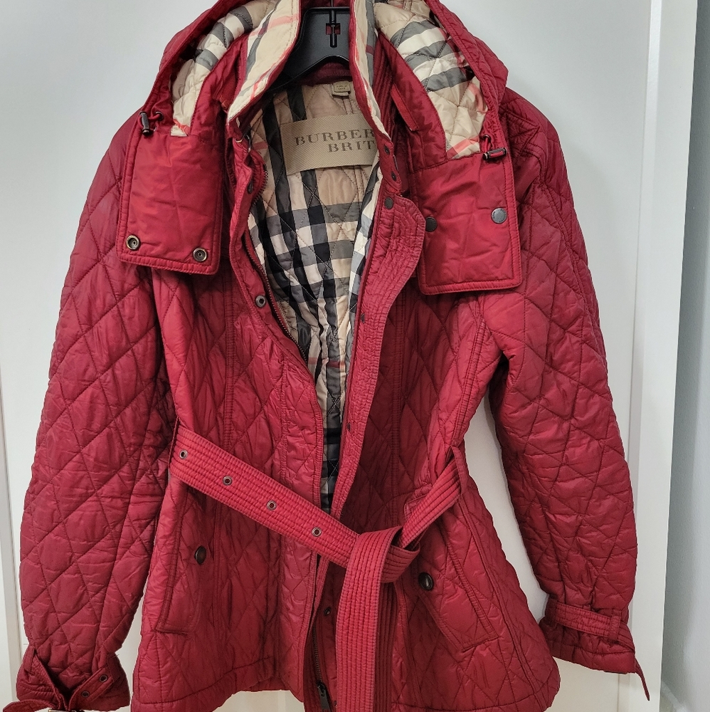 Burberry Red Quilted Coat W/Removable Hood